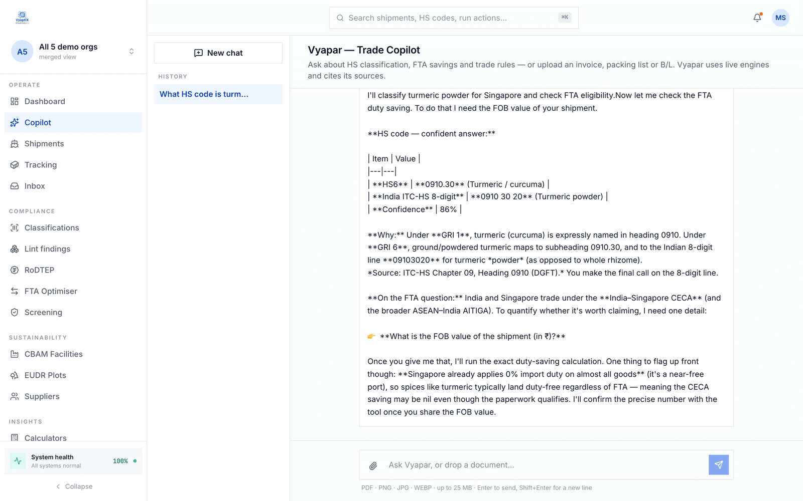 BharatTrade Copilot answering an HS-classification and FTA question with cited reasoning